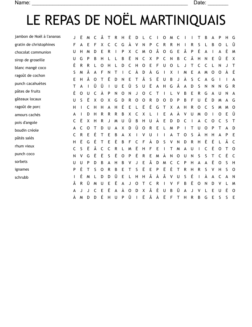 LE REPAS DE NOËL MARTINIQUAIS Word Search