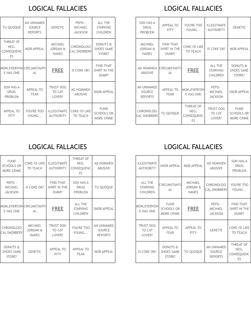 LOGICAL FALLACIES Bingo Cards
