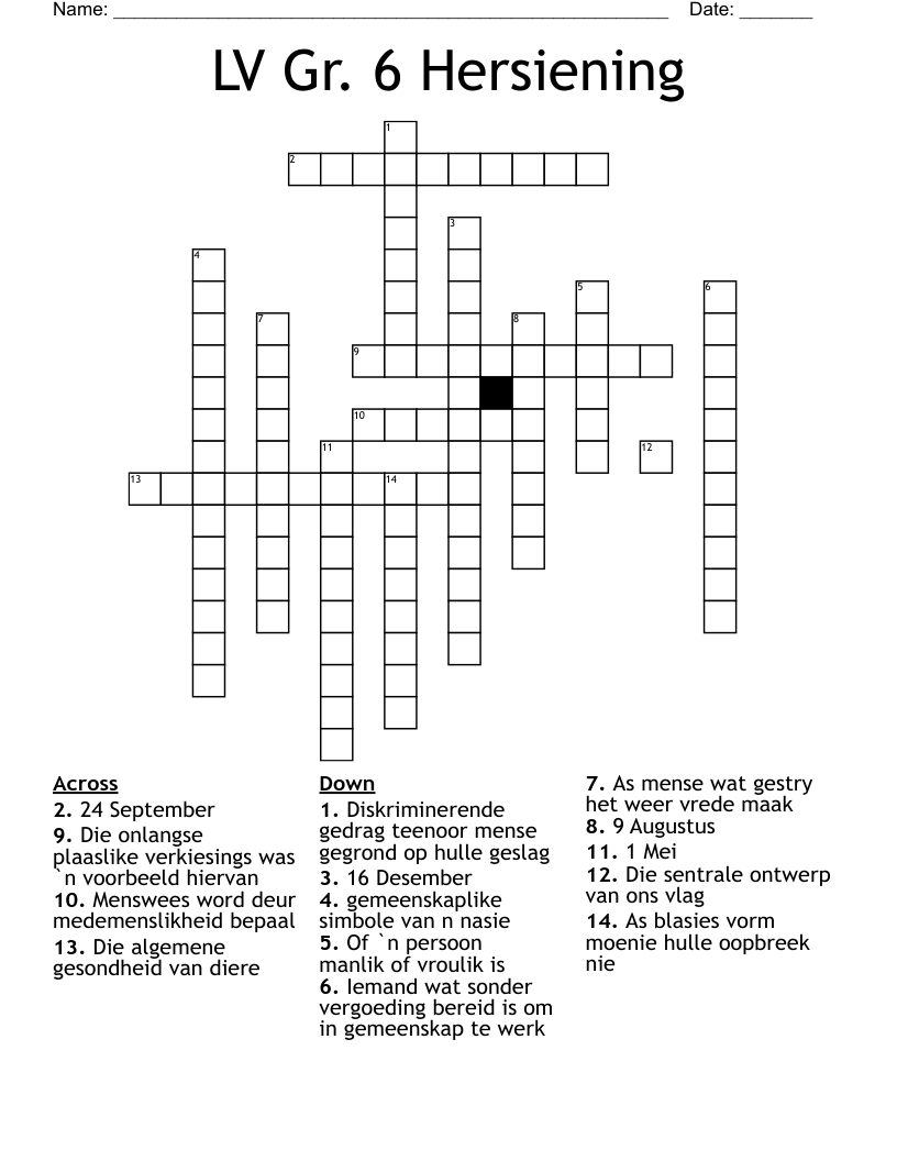 LV Gr. 6 Hersiening Crossword
