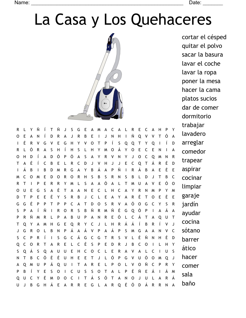 La Casa y Los Quehaceres Word Search