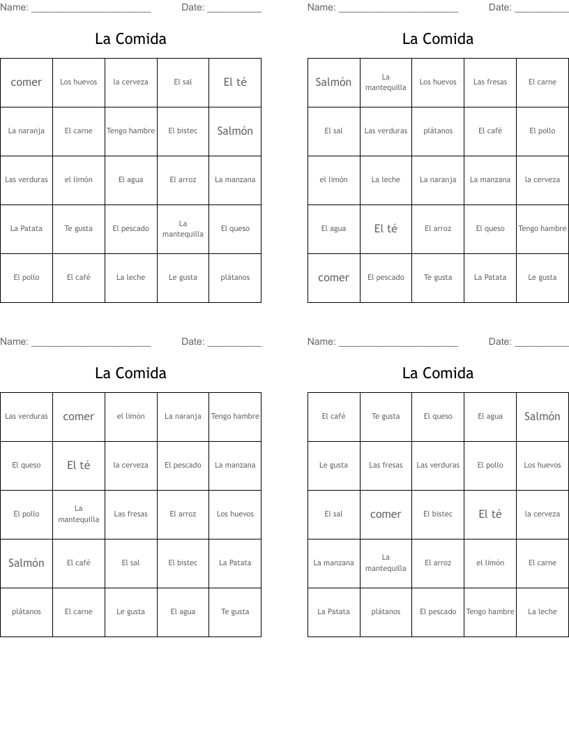 La Comida  Bingo Cards