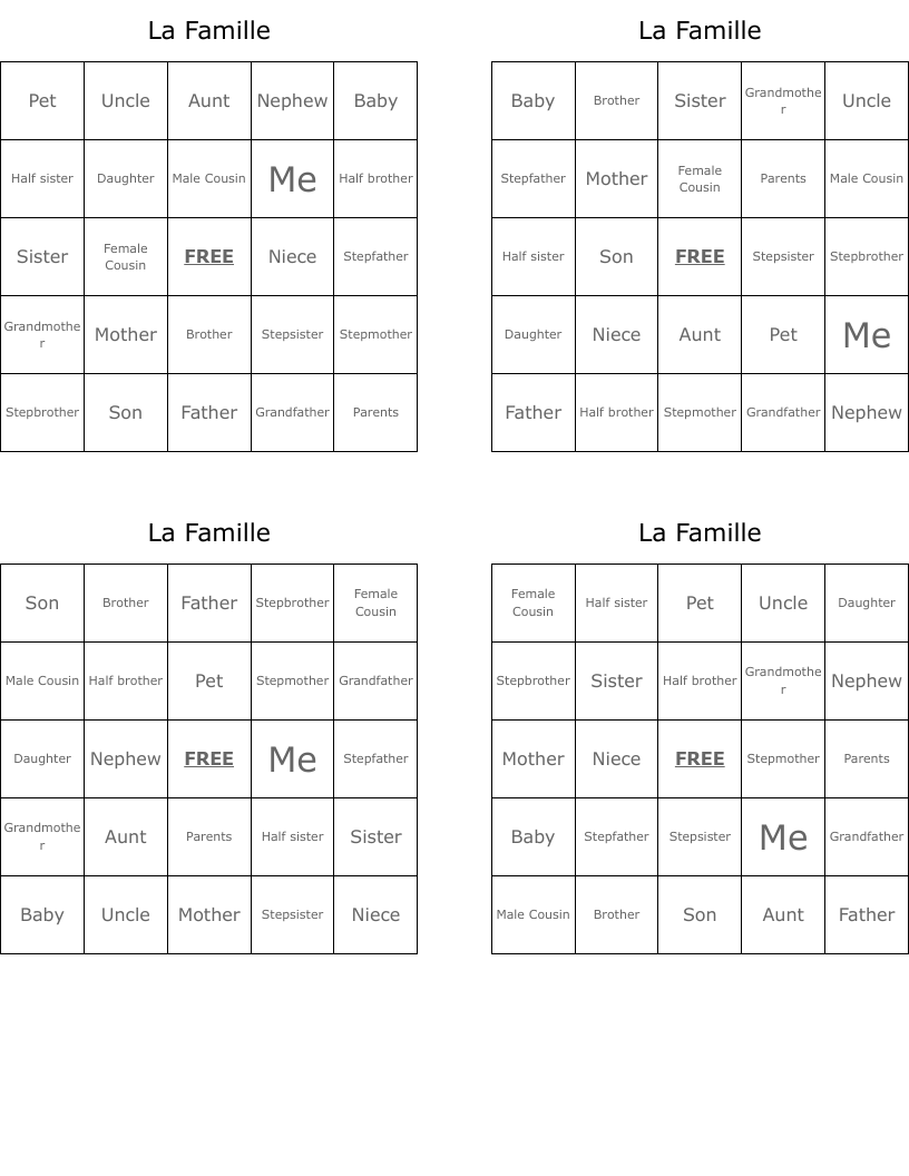 La Famille Bingo Cards