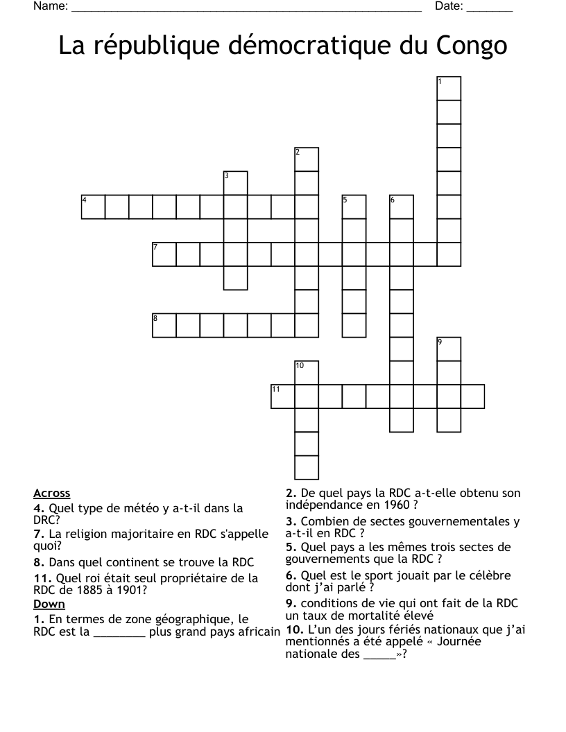 La république démocratique du Congo Crossword