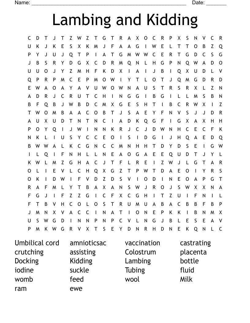 Lambing and Kidding Word Search