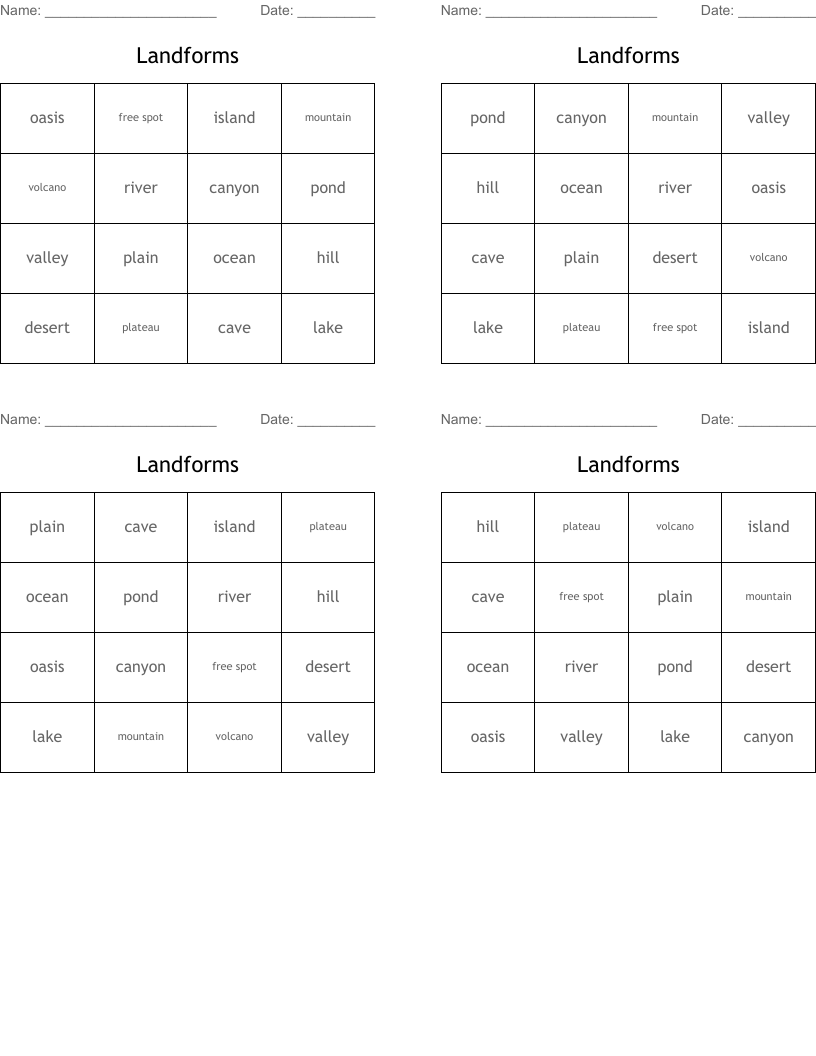 Landforms Bingo Cards