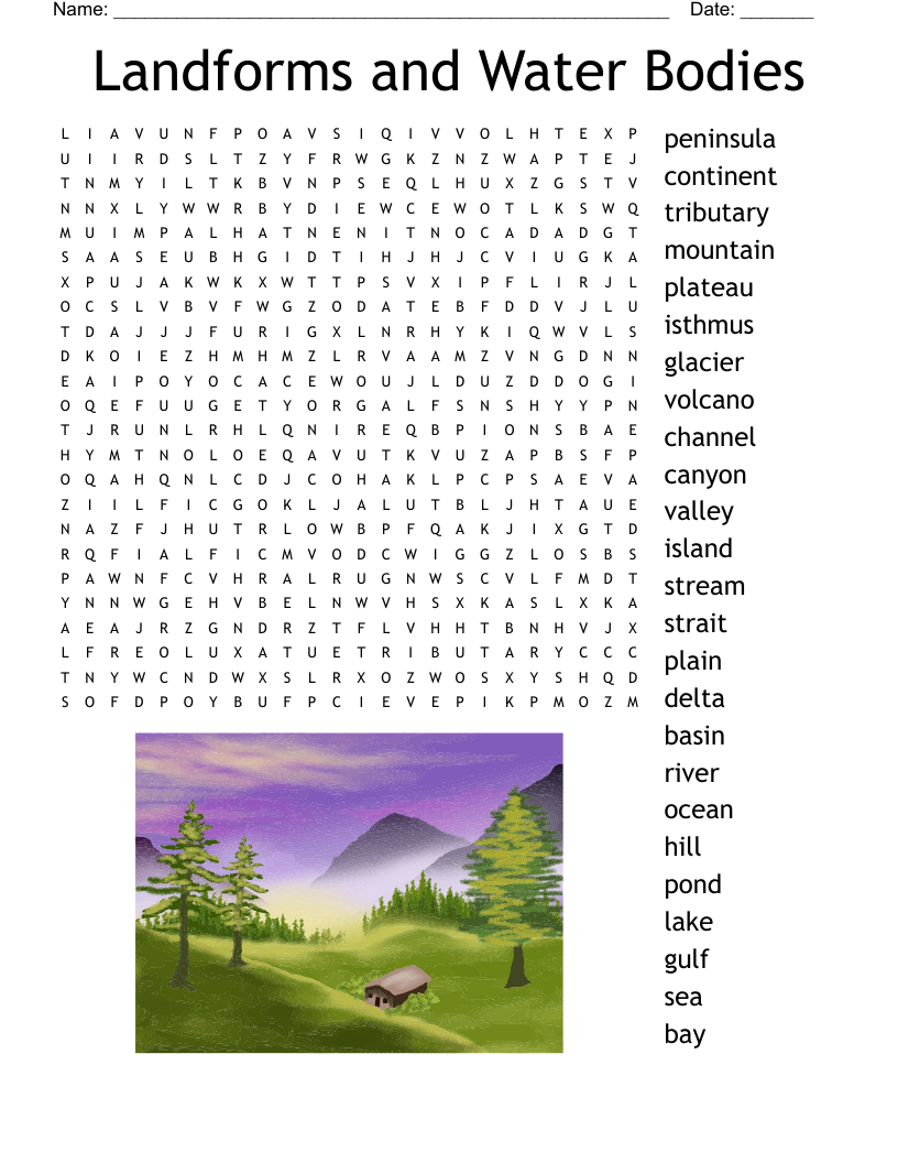 Landforms and Water Bodies Word Search
