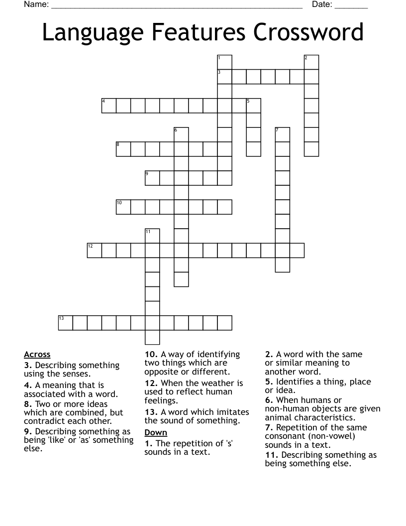 Language Features Crossword