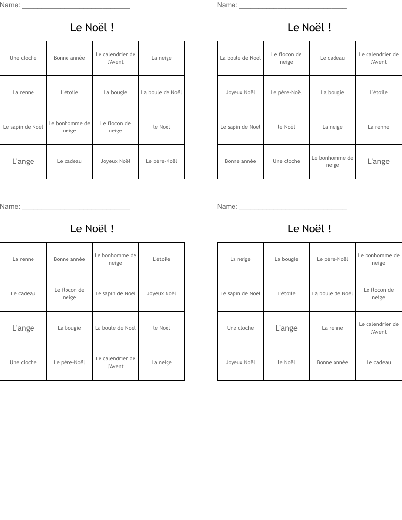 Le Noël ! Bingo Cards