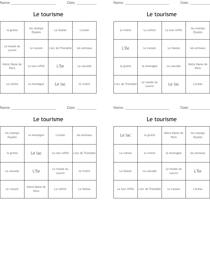 Le tourisme Bingo Cards
