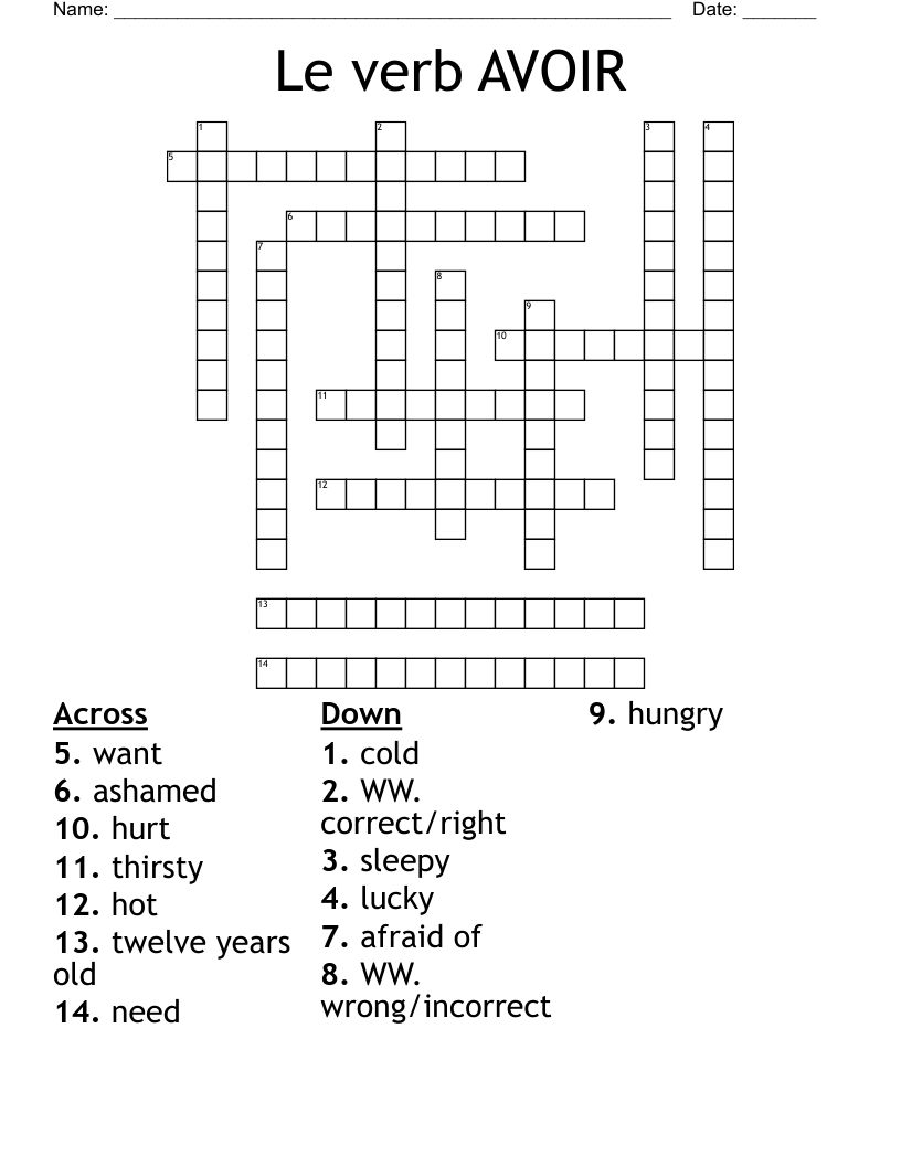 Le verb AVOIR Crossword
