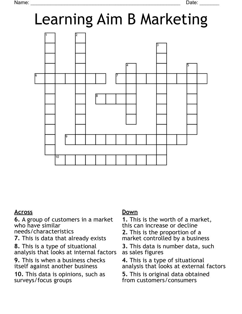 Learning Aim B Marketing Crossword