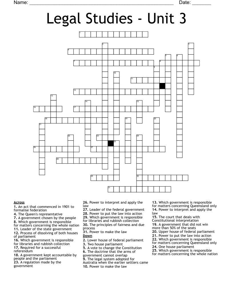 Legal Studies - Unit 3 Crossword