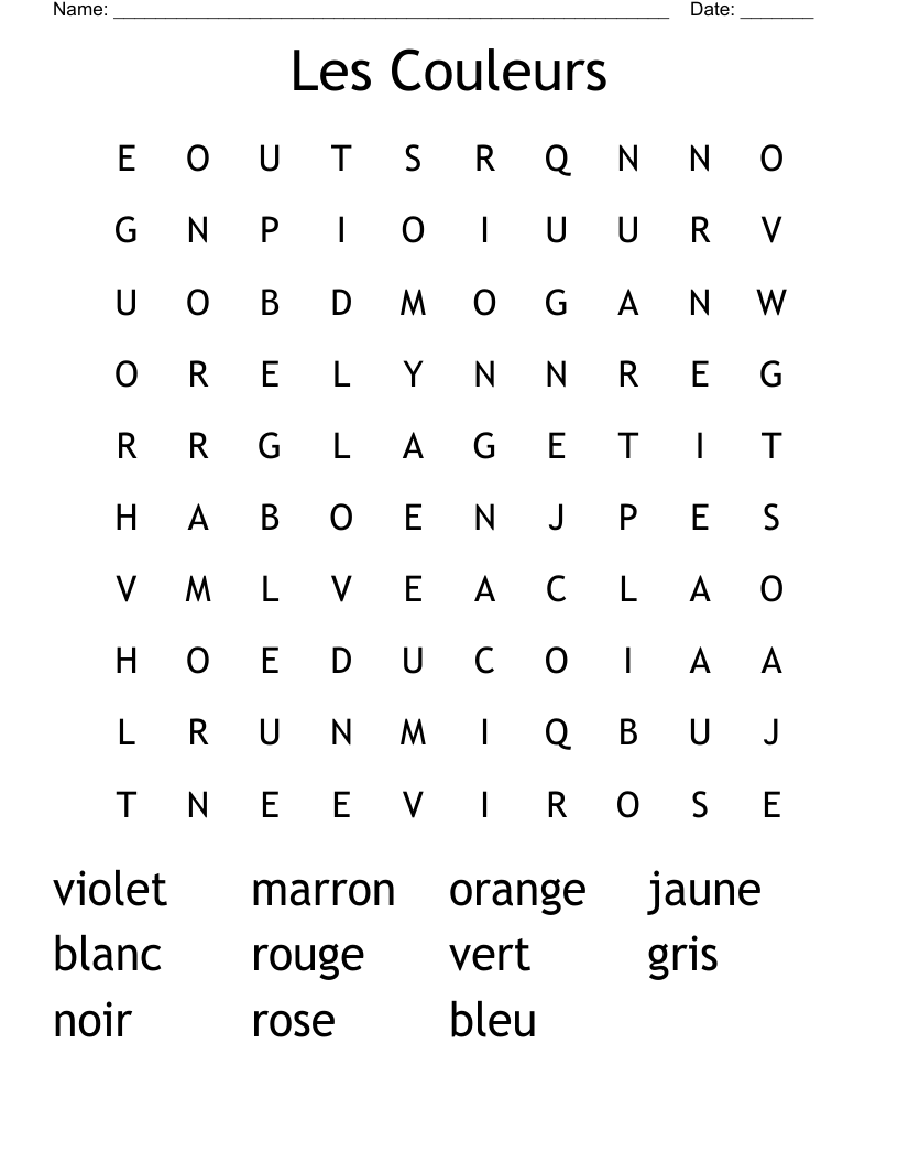 Les Couleurs Word Search