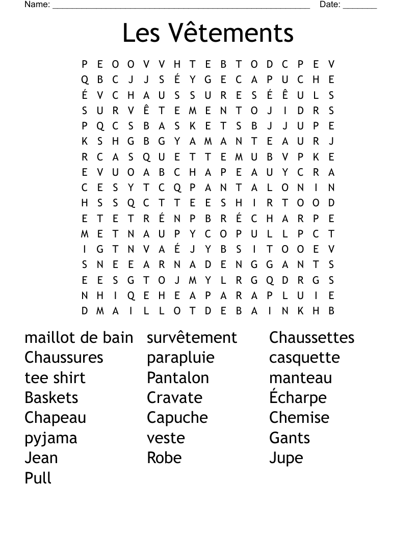 Les Vêtements Word Search