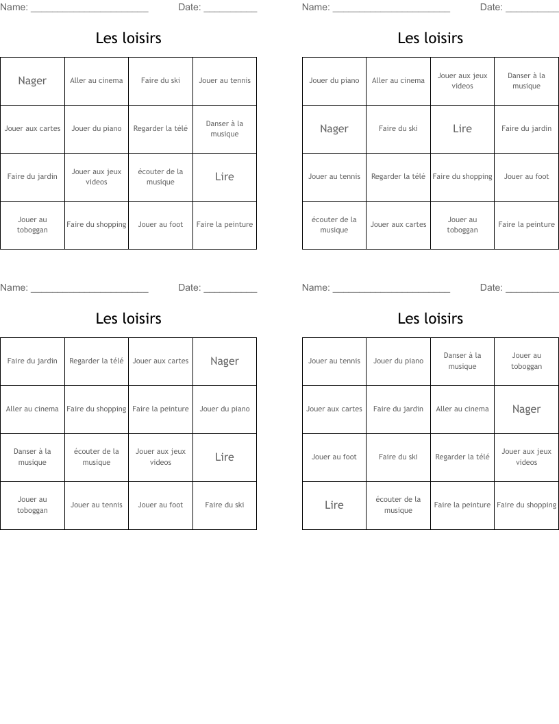Les loisirs Bingo Cards