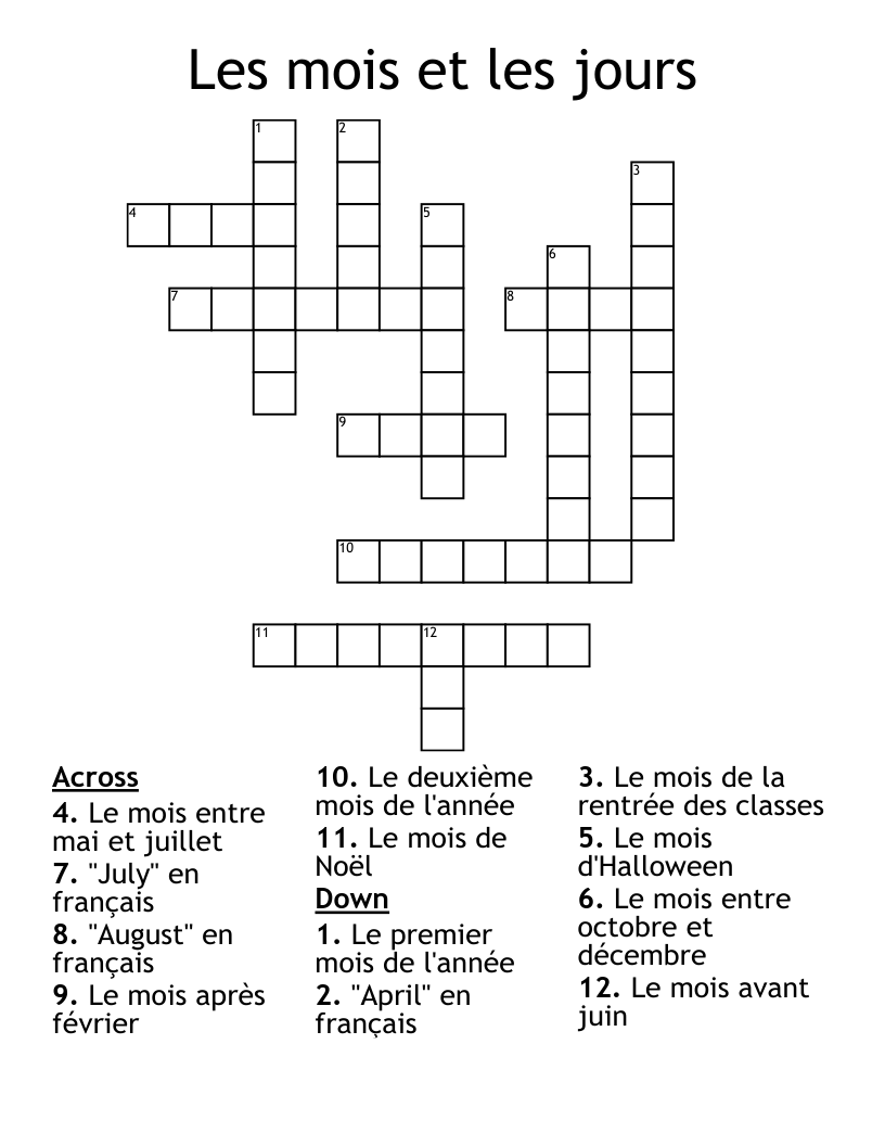 Les mois et les jours Crossword