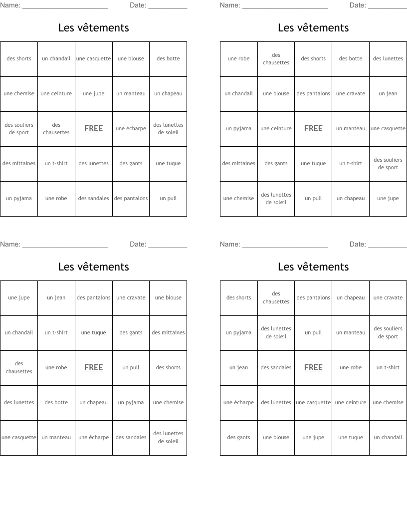 Les vêtements Bingo Cards