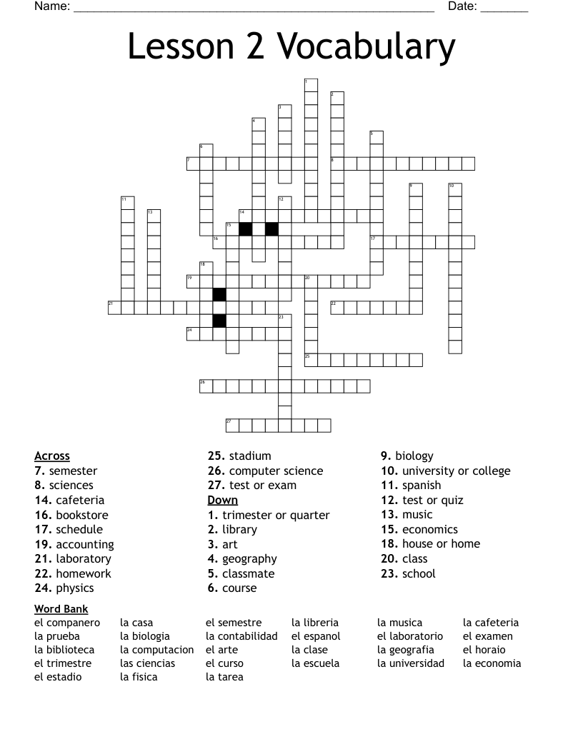Lesson 2 Vocabulary Crossword