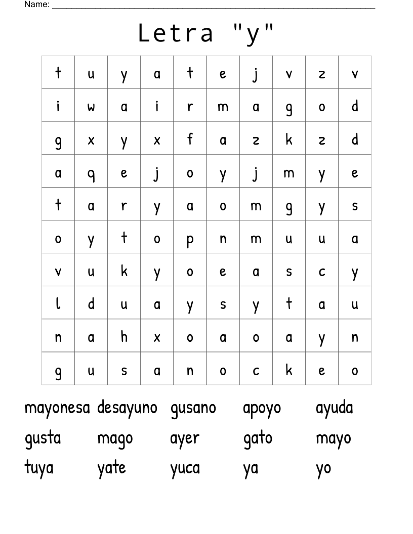 Letra "y" Word Search