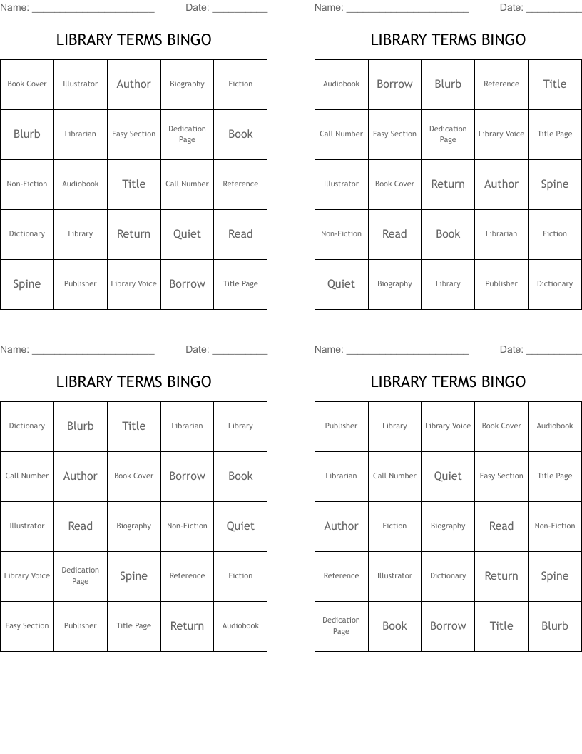 LIBRARY TERMS BINGO