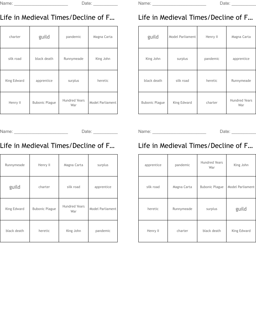 Life in Medieval Times/Decline of Feudalism Bingo Cards