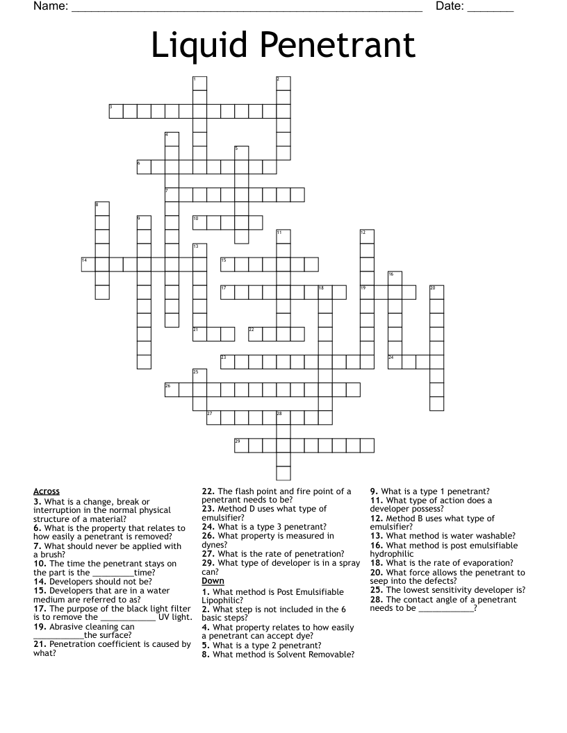 Liquid Penetrant Crossword