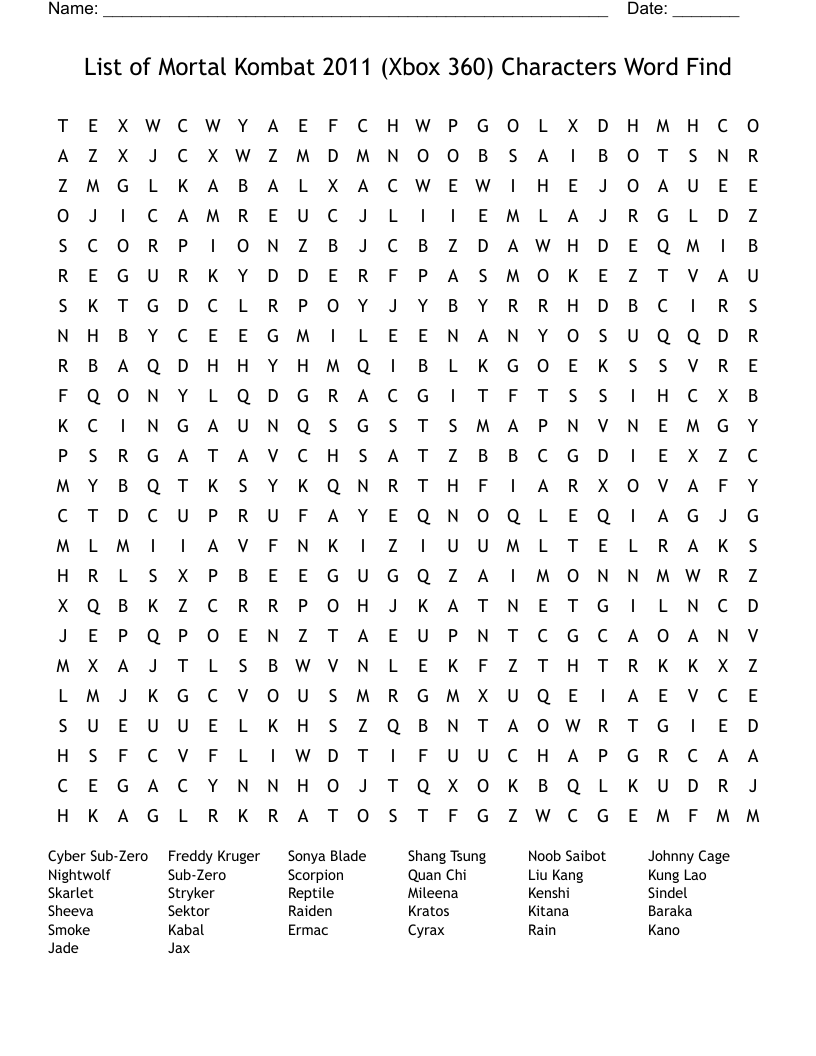 List of Mortal Kombat 2011 (Xbox 360) Characters Word Find Word Search