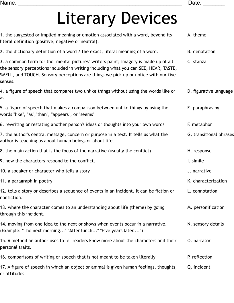 Literary Devices Worksheet