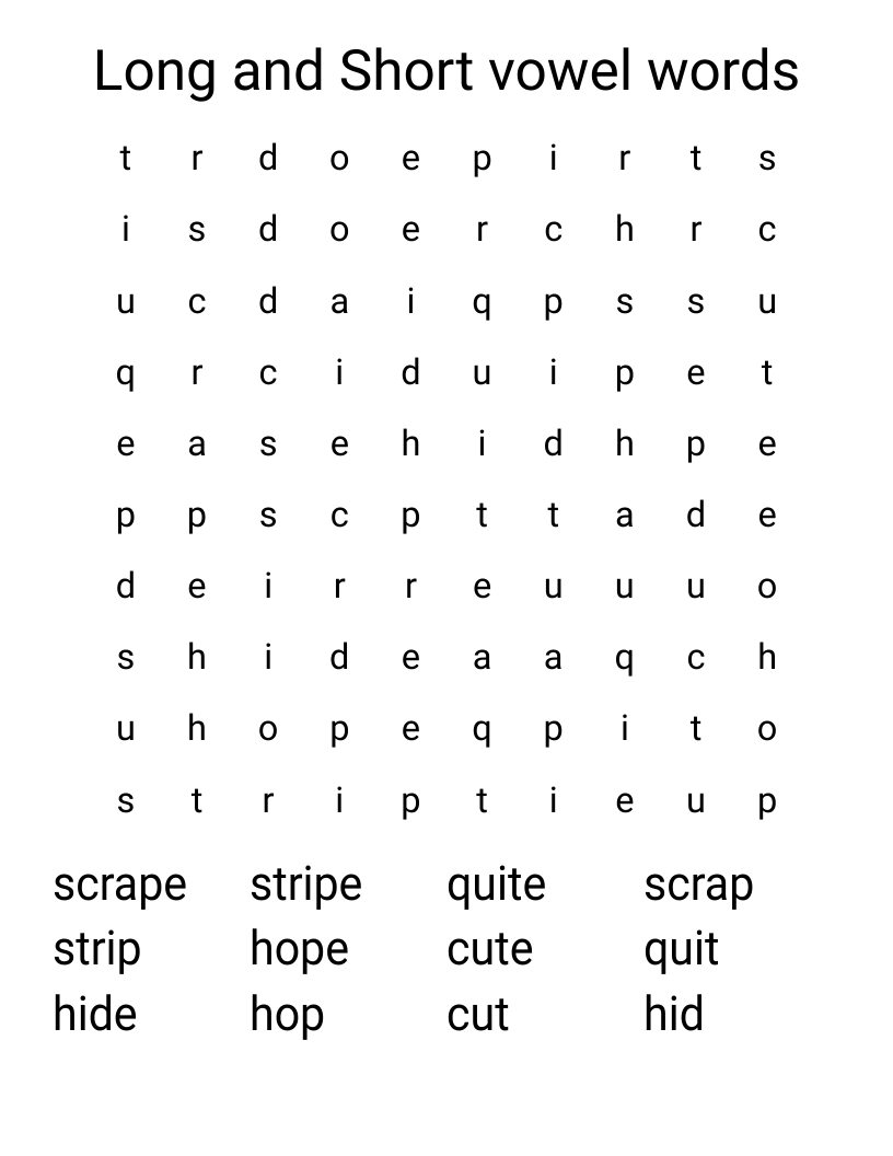 Long and Short vowel words Word Search