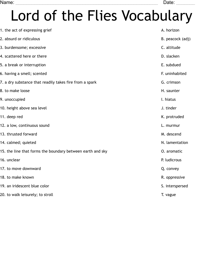 Lord of the Flies Vocabulary Worksheet