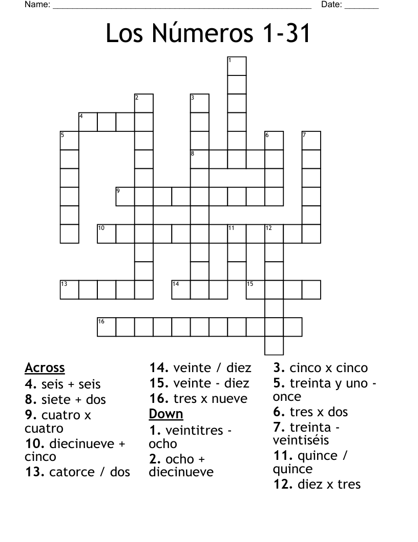 Los Números 1-31 Crossword