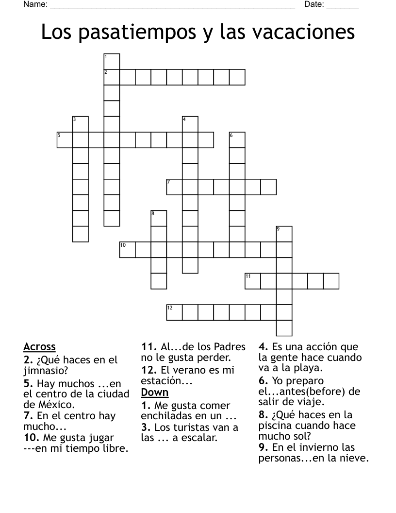 Los pasatiempos y las vacaciones Crossword