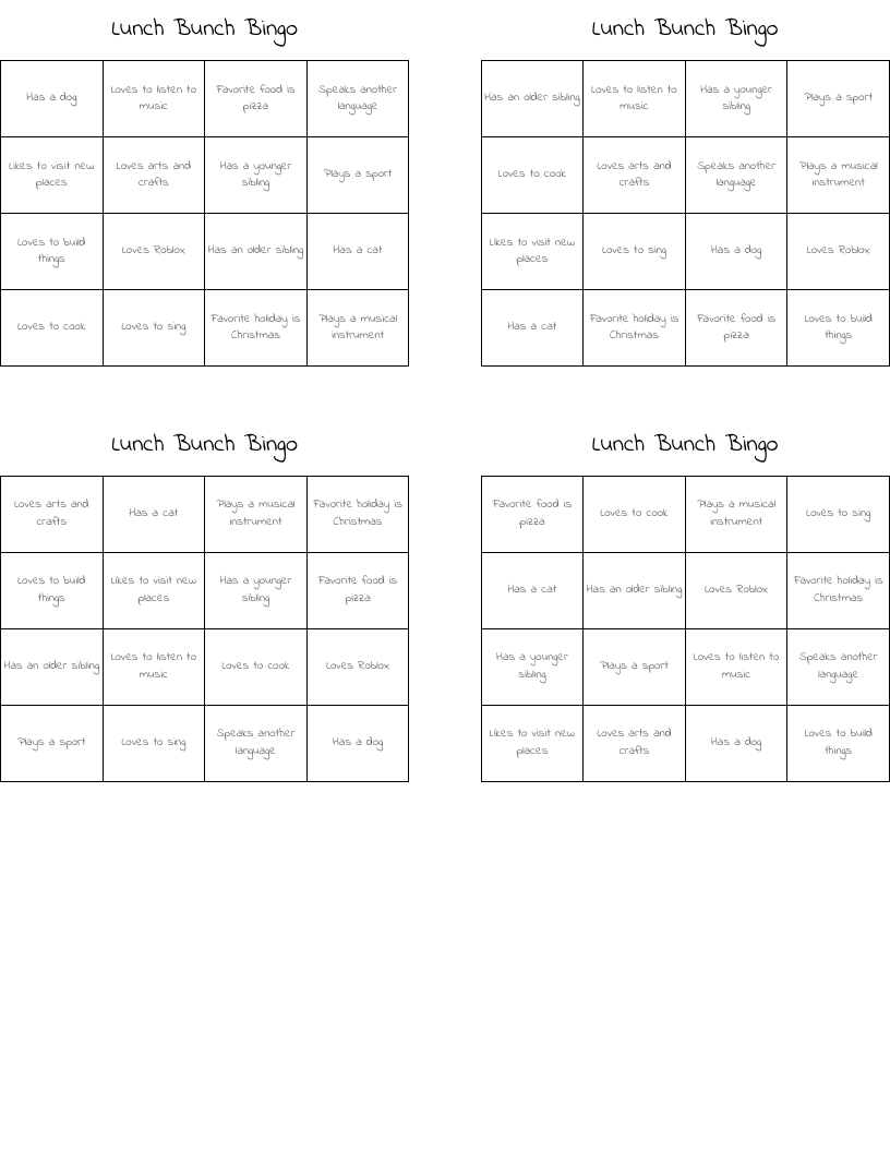 Lunch Bunch Bingo