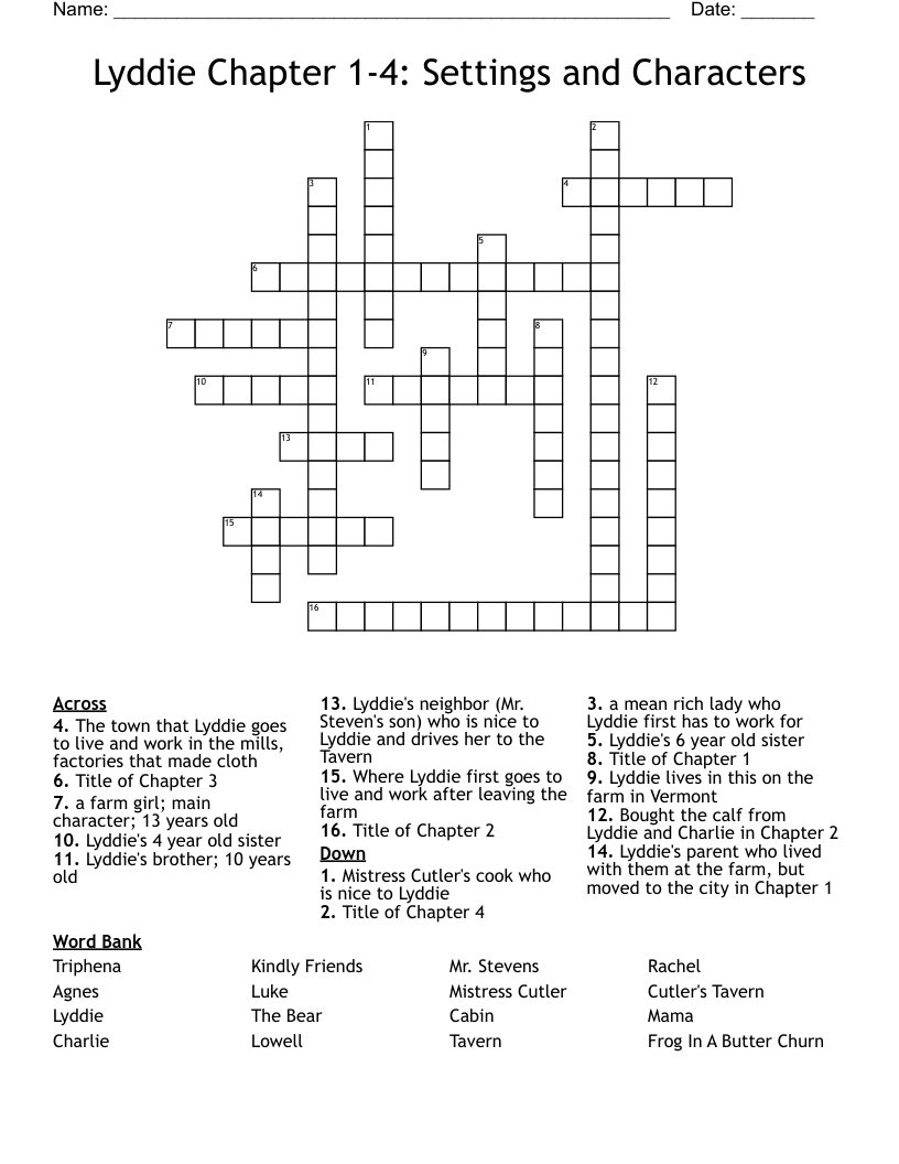 Lyddie Chapter 1-4: Settings and Characters Crossword