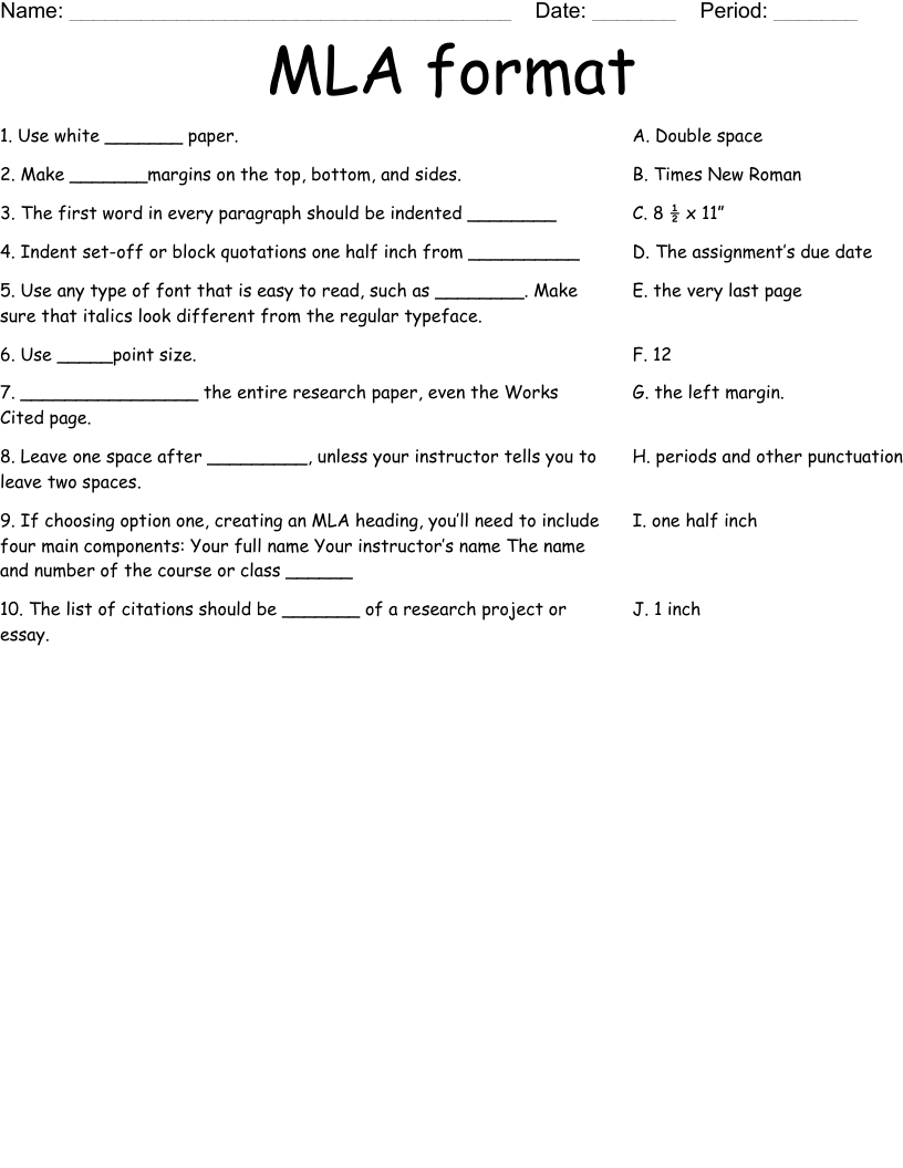 MLA format  Worksheet