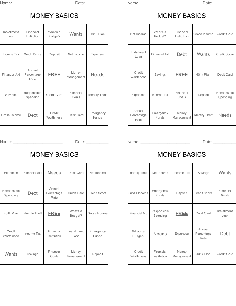 MONEY BASICS Bingo Cards