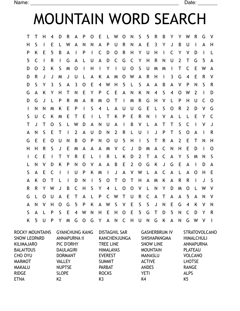 MOUNTAIN WORD SEARCH