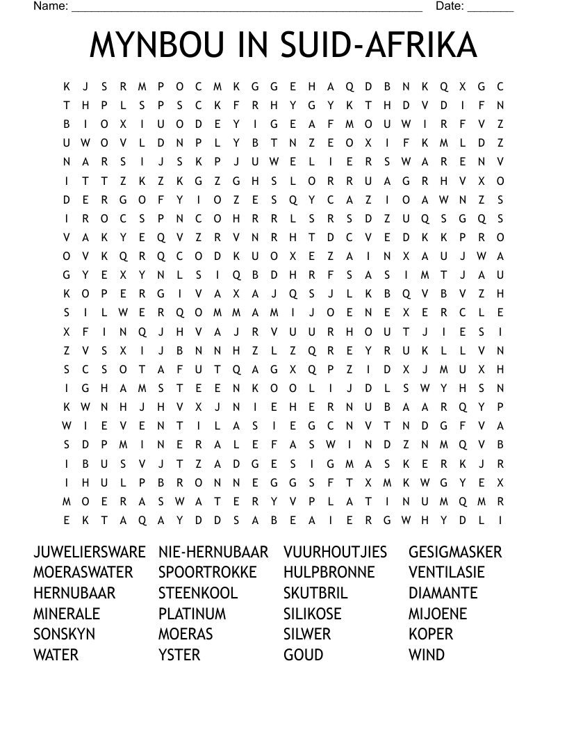 MYNBOU IN SUID-AFRIKA Word Search