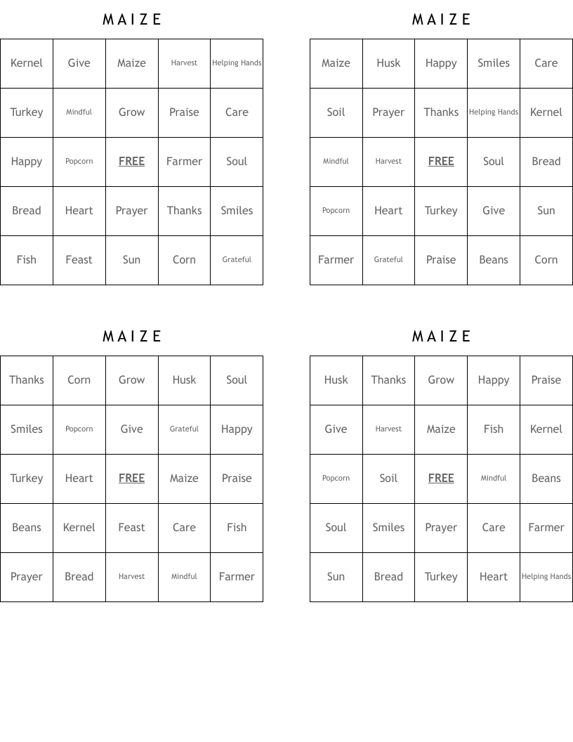 M      A     I    Z    E Bingo Cards