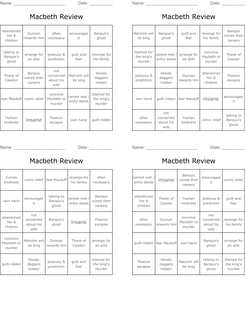 Macbeth Review Bingo Cards