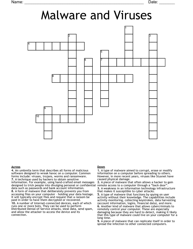 Malware and Viruses Crossword