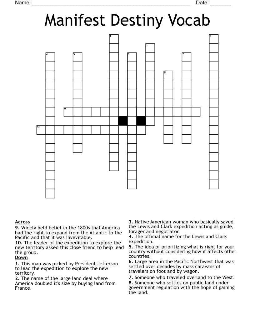 Manifest Destiny Vocab Crossword
