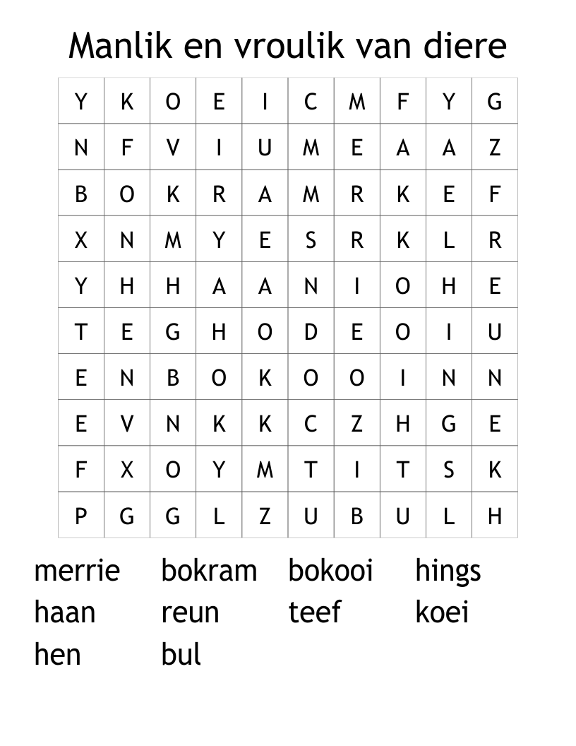 Manlik en vroulik van diere Word Search
