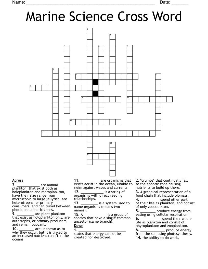 Marine Science Cross Word