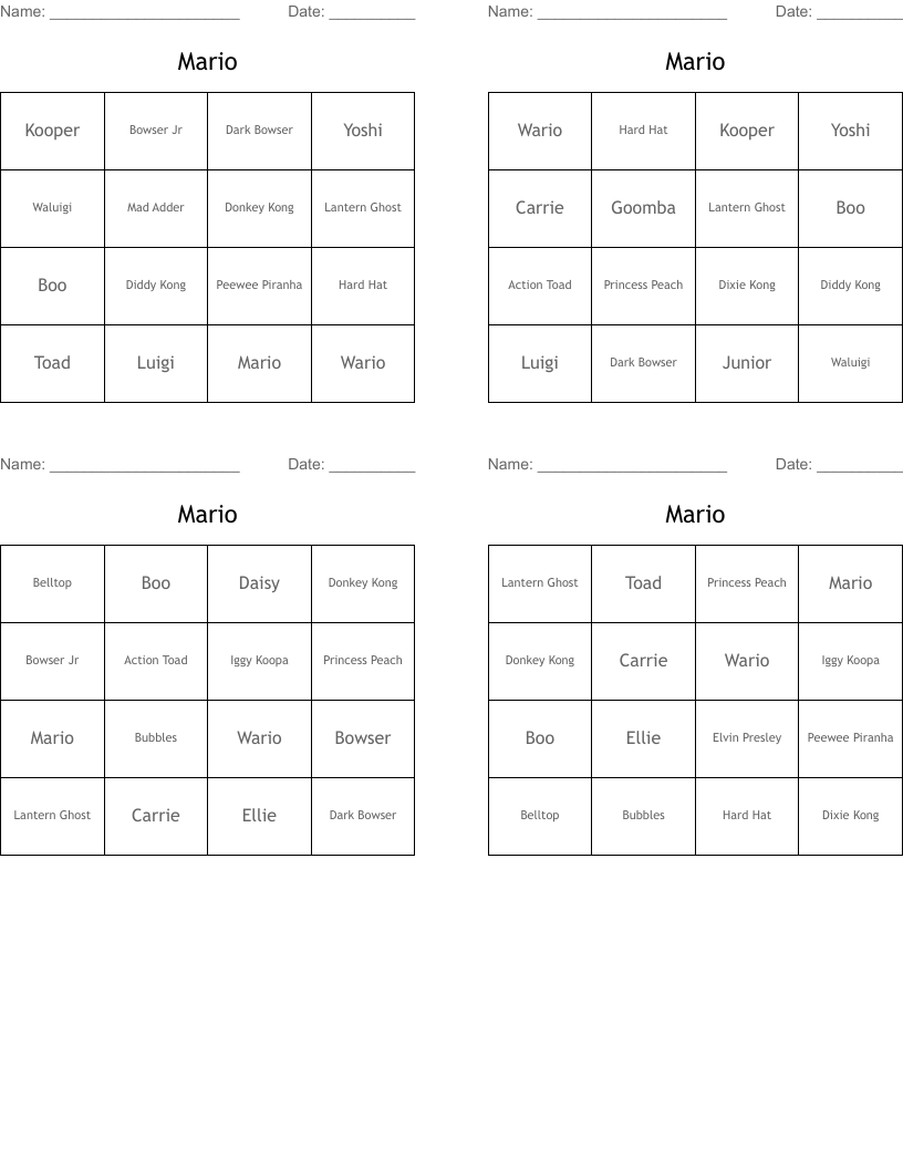 Mario Bingo Cards