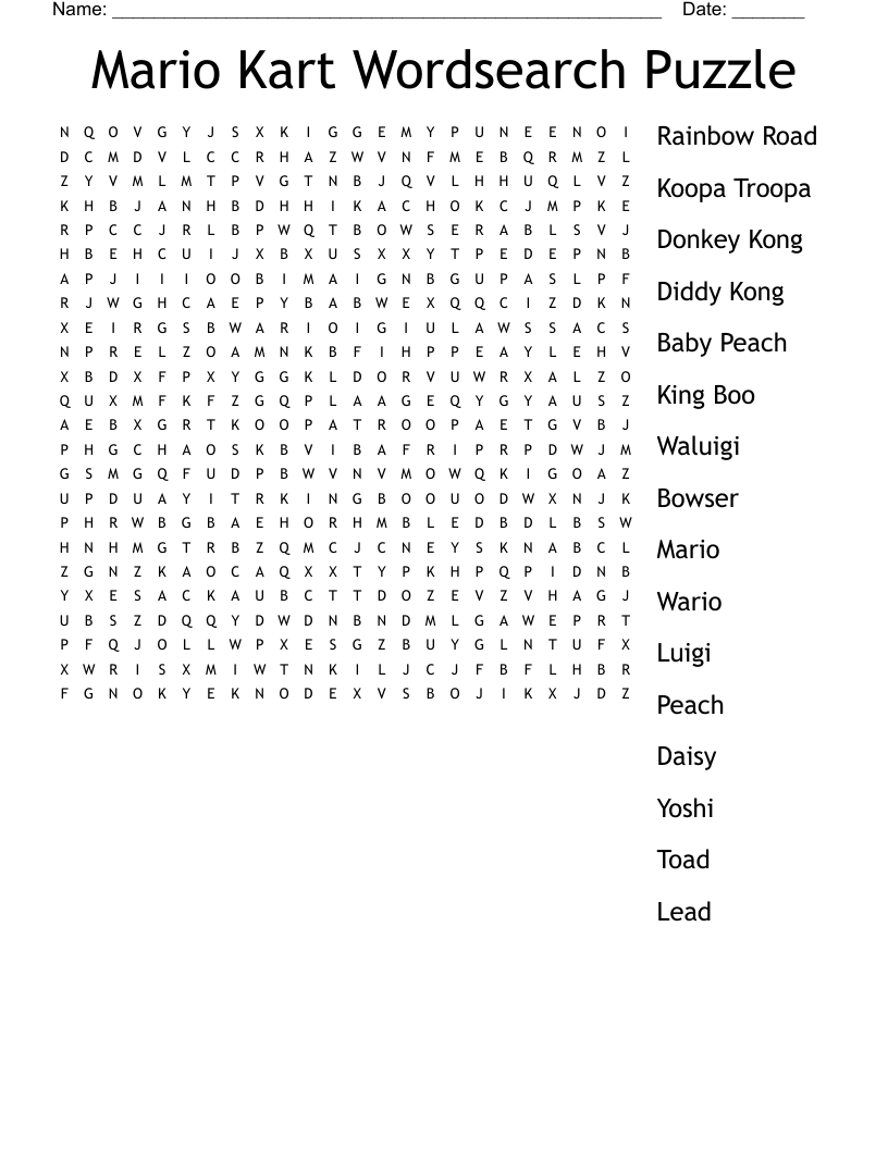Mario Kart Wordsearch Puzzle