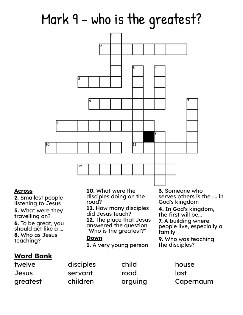Mark 9 - who is the greatest? Crossword