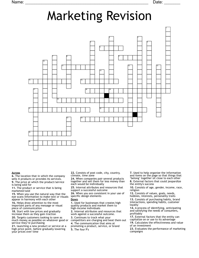 Marketing Revision Crossword