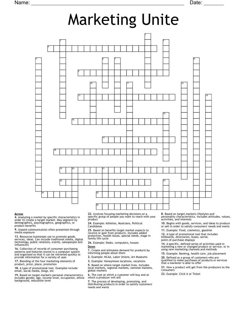 Marketing Unite Crossword