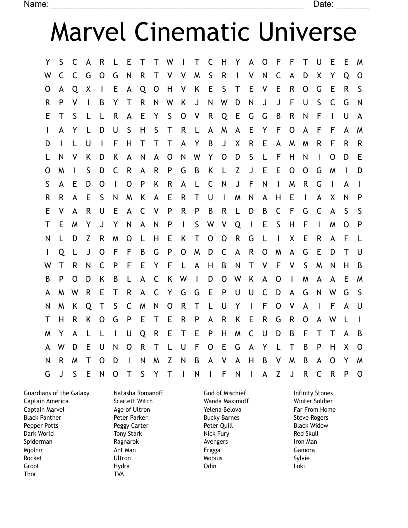 Marvel Cinematic Universe Word Search